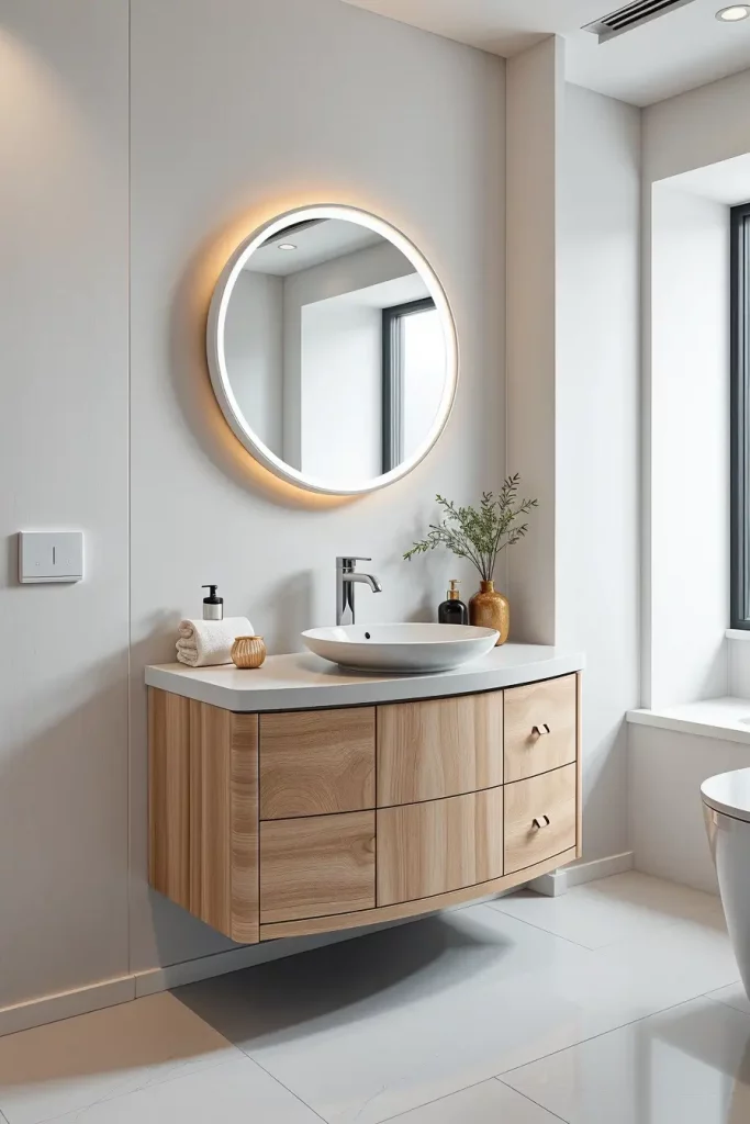 Backlit round mirror above curved vanity