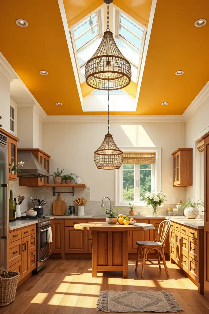 Kitchen with saffron ceiling and wooden beams