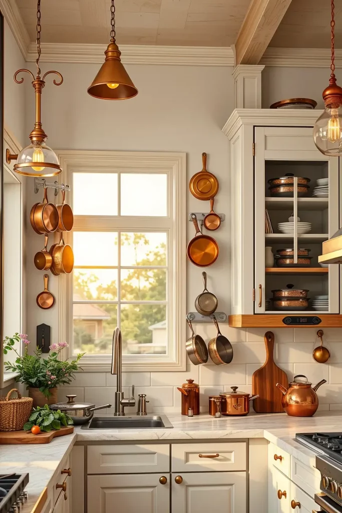 Brass pendant lighting in kitchen