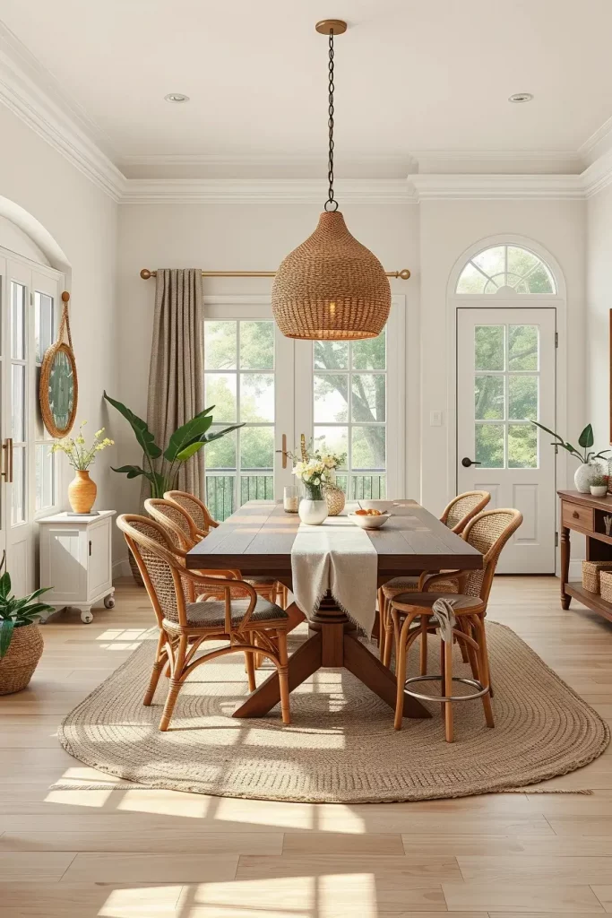 Dining room with rattan and linen accents