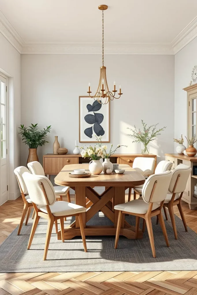 Light wood dining table with neutral chairs
