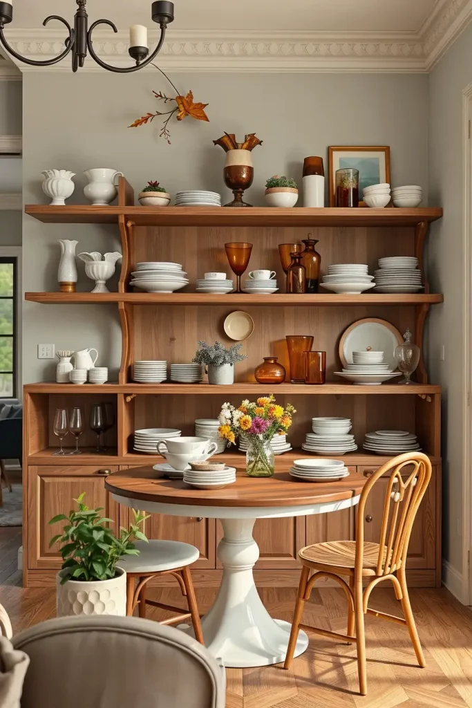 Open shelves with seasonal ceramics