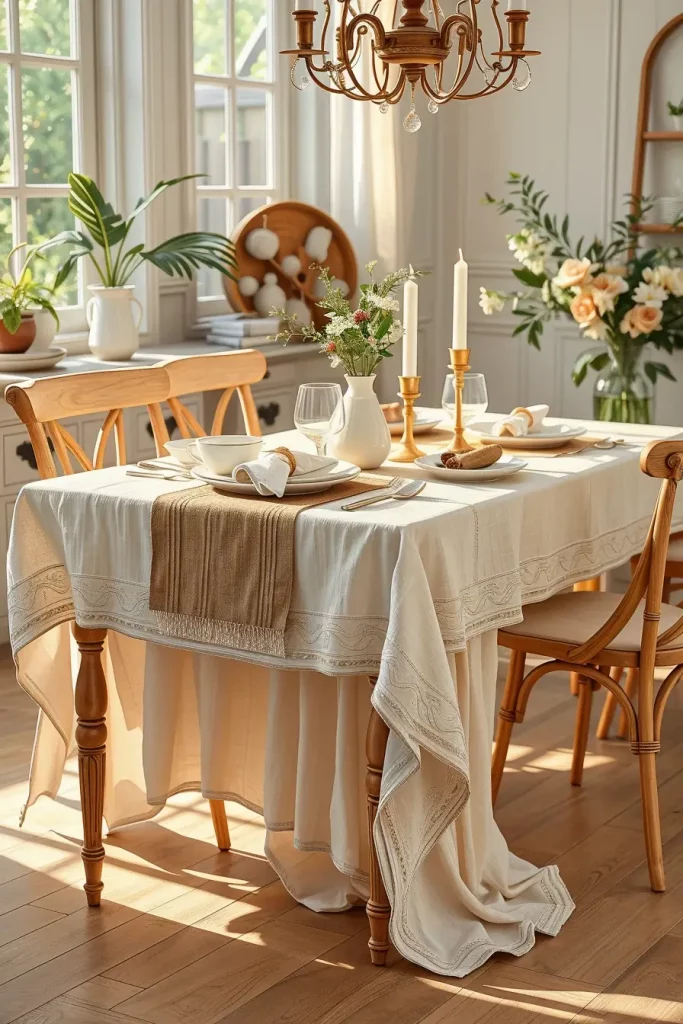 Layered table linens in cream and sand