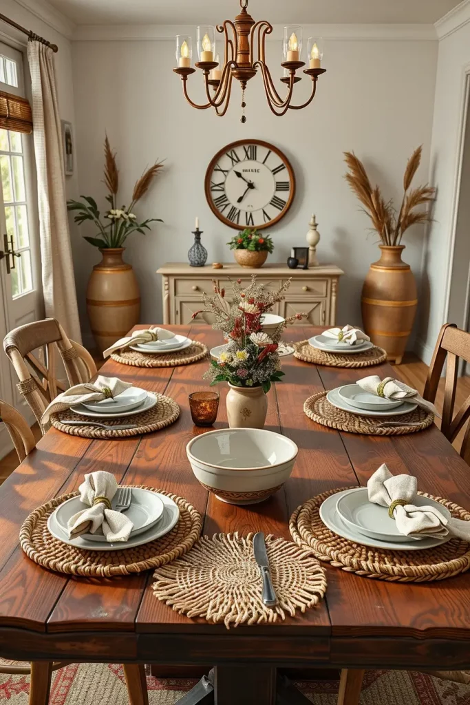 Woven chargers and placemats on dining table