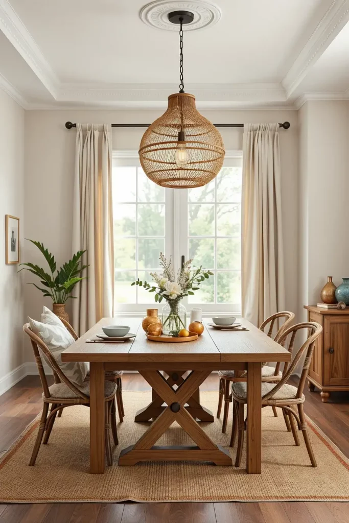 Wicker pendant light in dining room