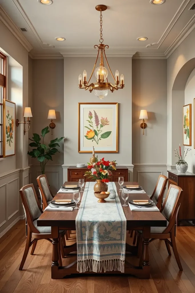 Botanical wall art in dining room