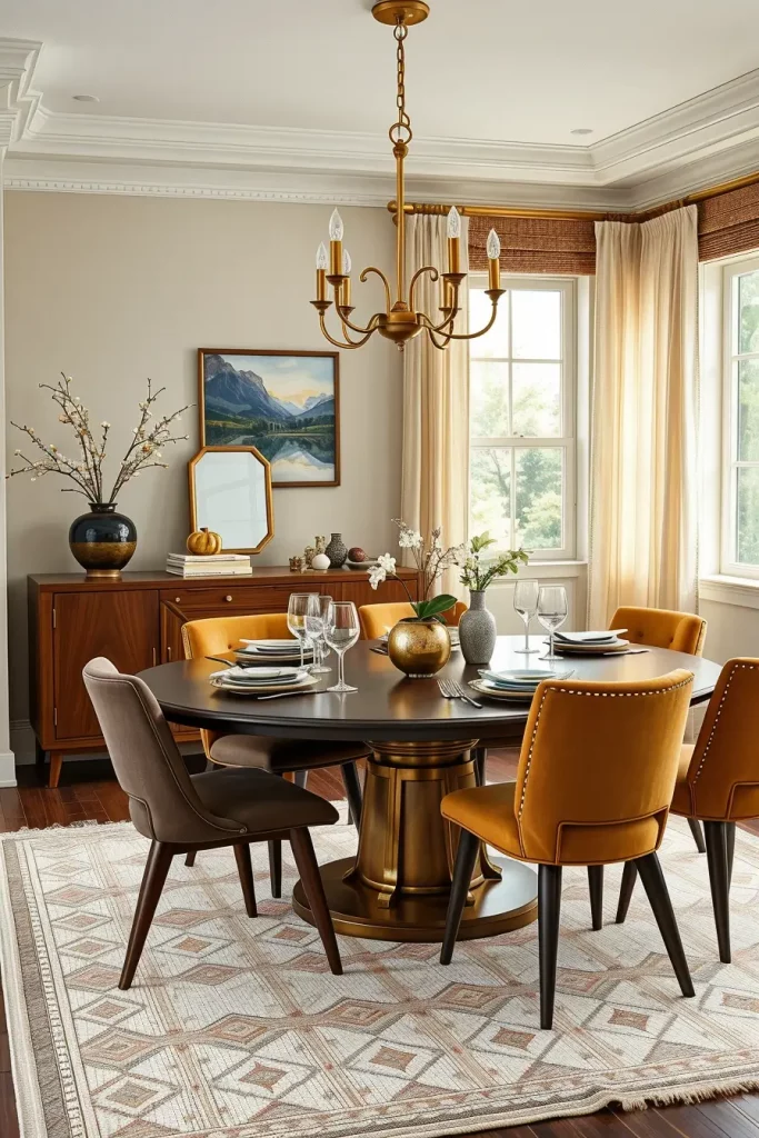 Transitional dining room with vintage and modern elements