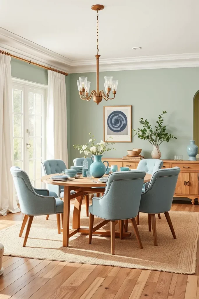 Dining room with light blue and sage palette