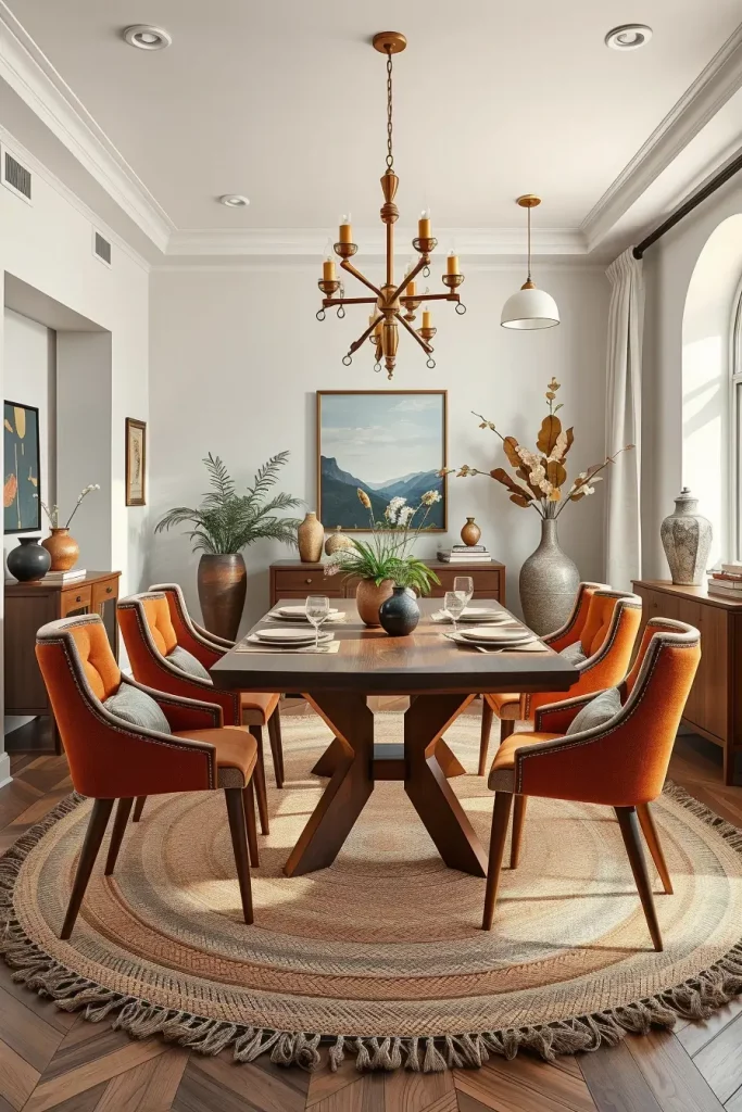 Dining chairs with earth-toned upholstery