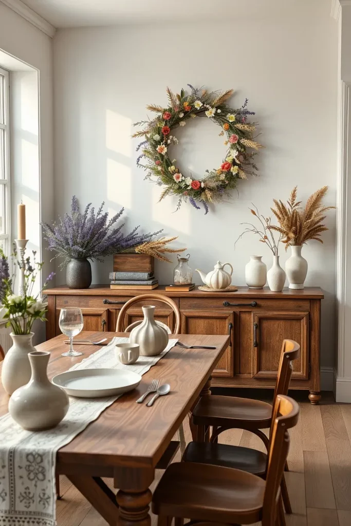 Dried floral wreath on wall