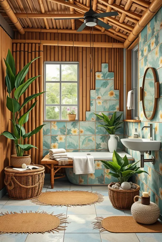 Bathroom with bamboo paneling and beach tiles