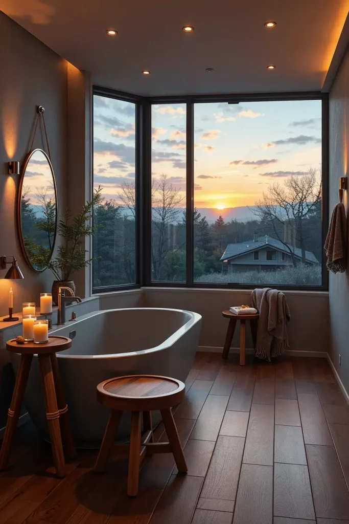 Soaking tub with sunset view