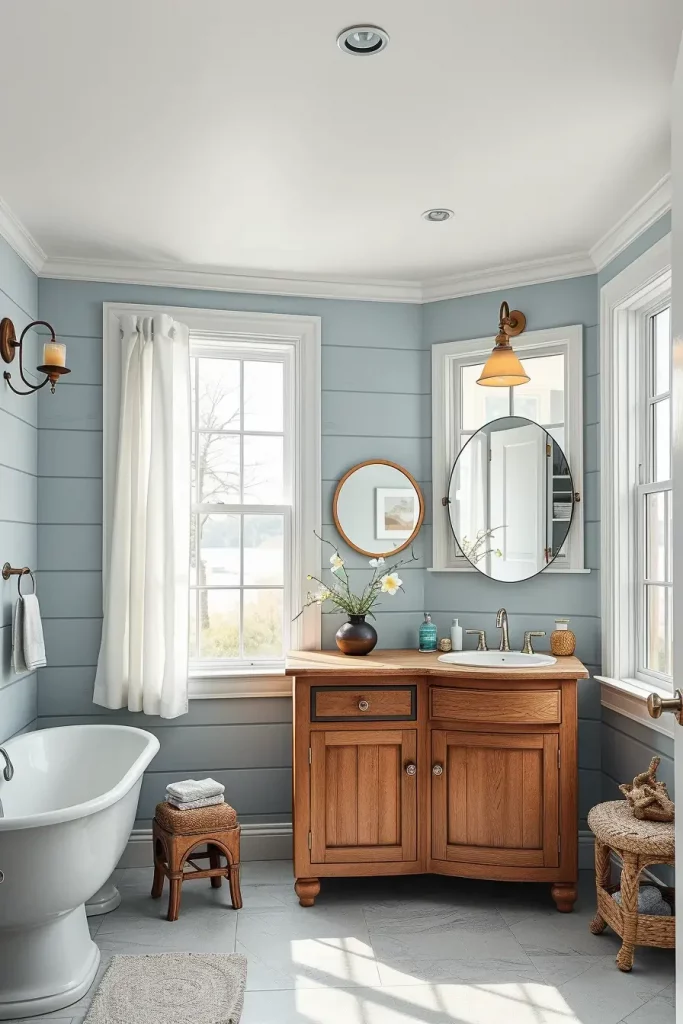 Bathroom with large windows and sheer curtains