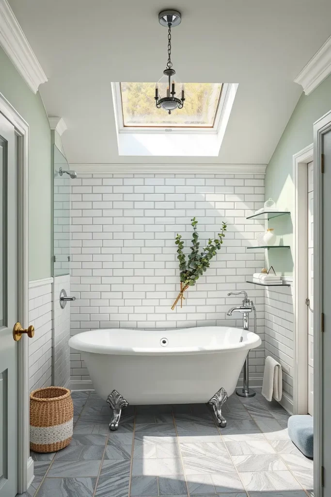 Seafoam green bathroom with skylight