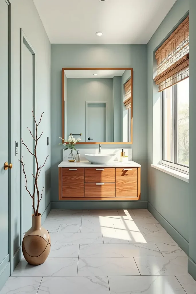 Bathroom with white oak vanity and mint walls