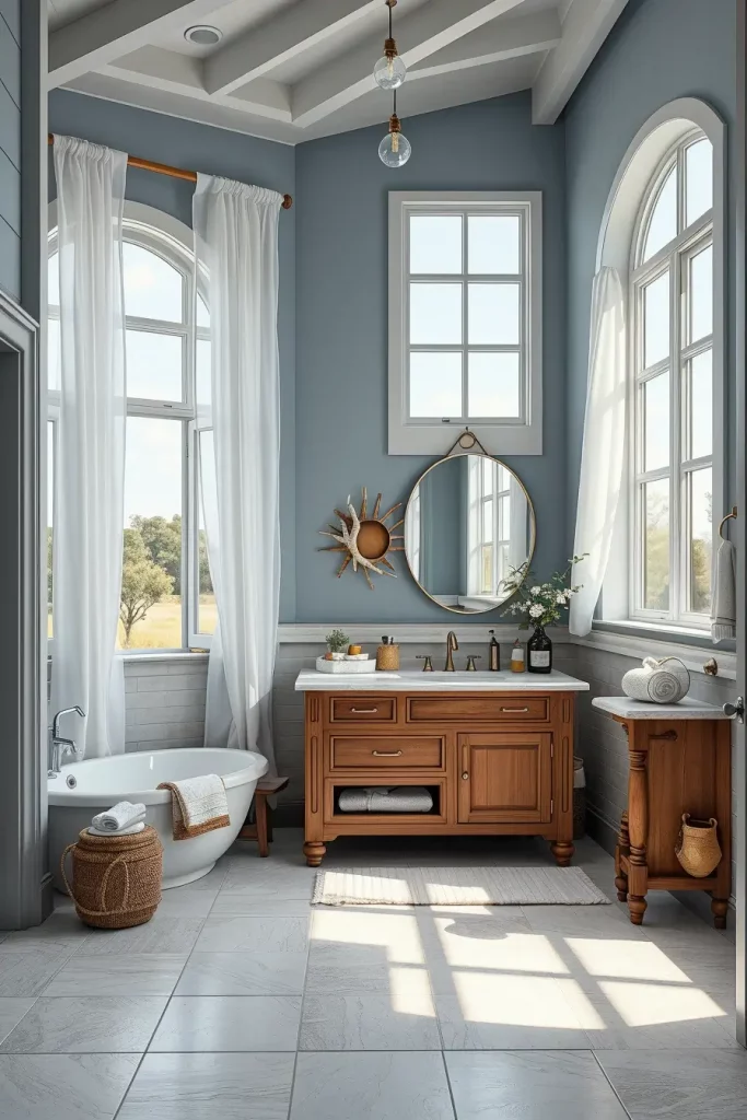 Coastal bathroom with driftwood and blue-gray tones