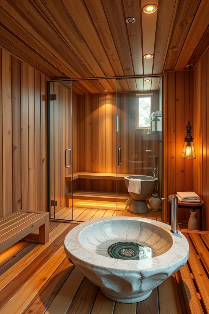 Bathroom with cedar accents and stone sink