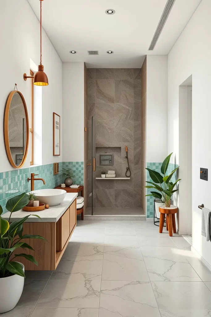 Teal bathroom with plants