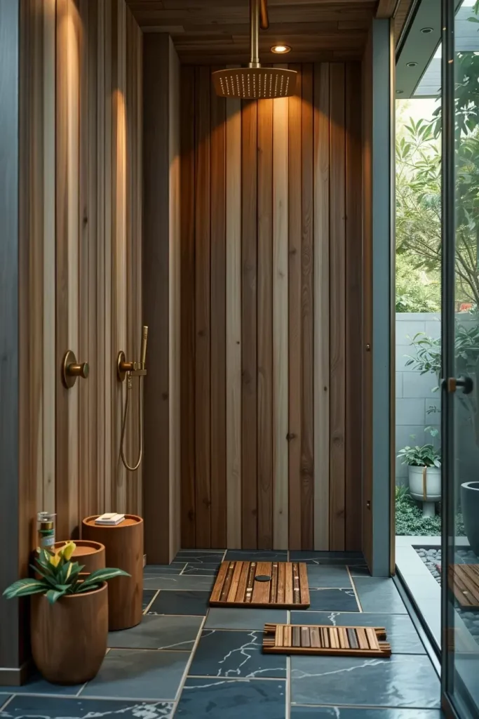 Outdoor shower with teak mats