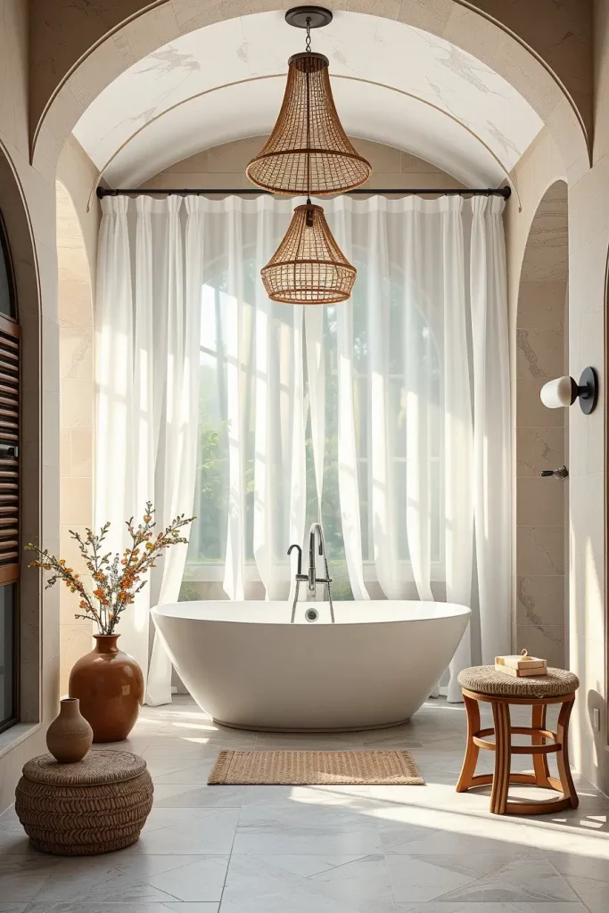 Mediterranean style bathroom with sheer curtains