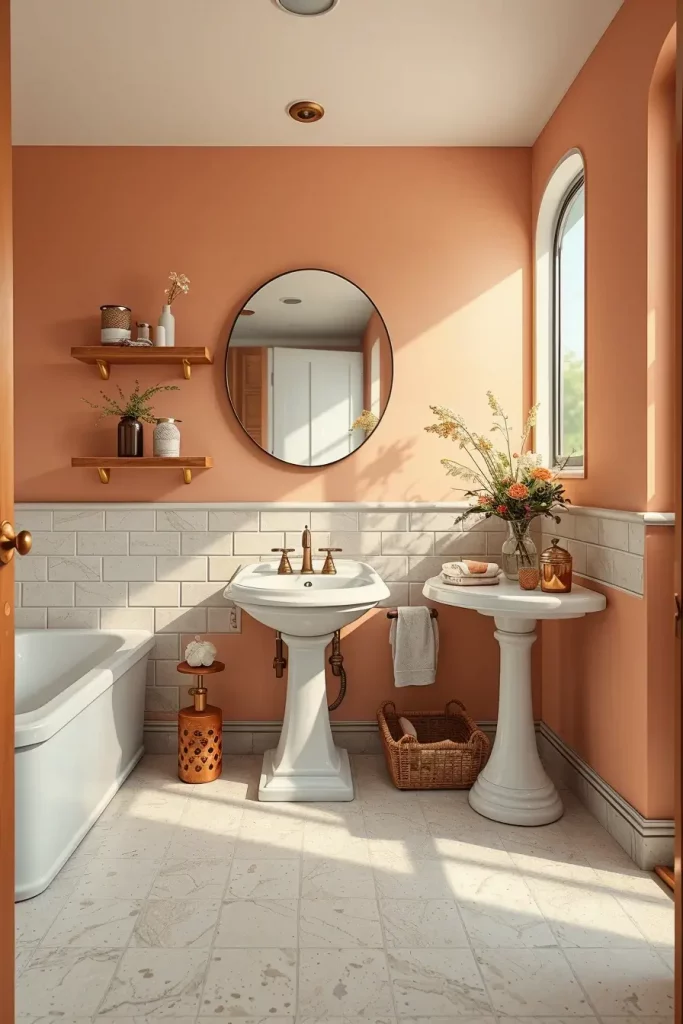 Bathroom with peach accents and brass fixtures
