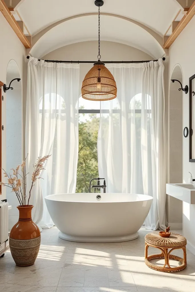 Bathroom with rattan pendant and olive wood stool