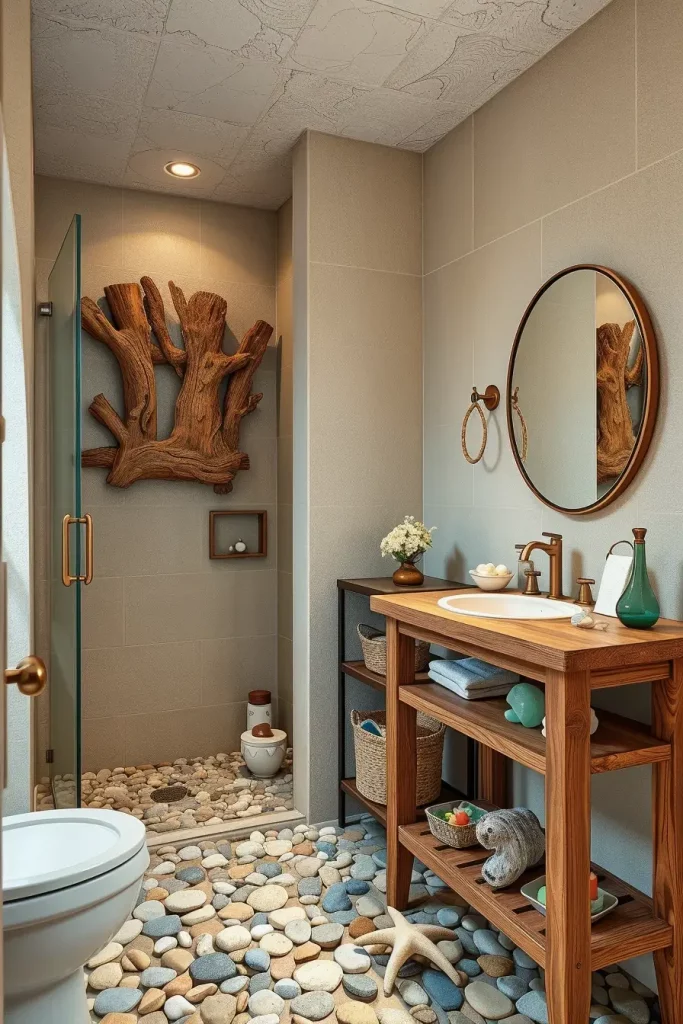 Bathroom with driftwood mirror and stone basin
