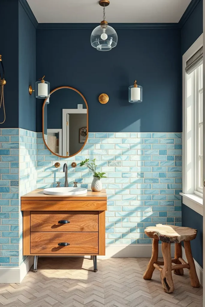Bathroom with ocean blue and reclaimed wood