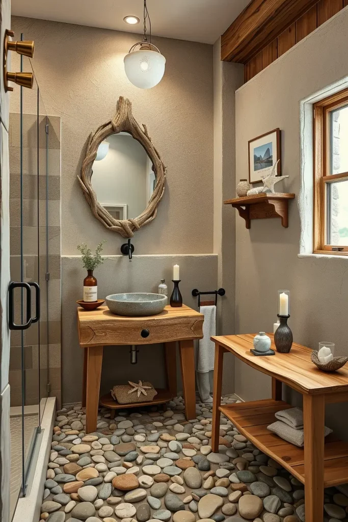 Natural bathroom with driftwood and pebbles