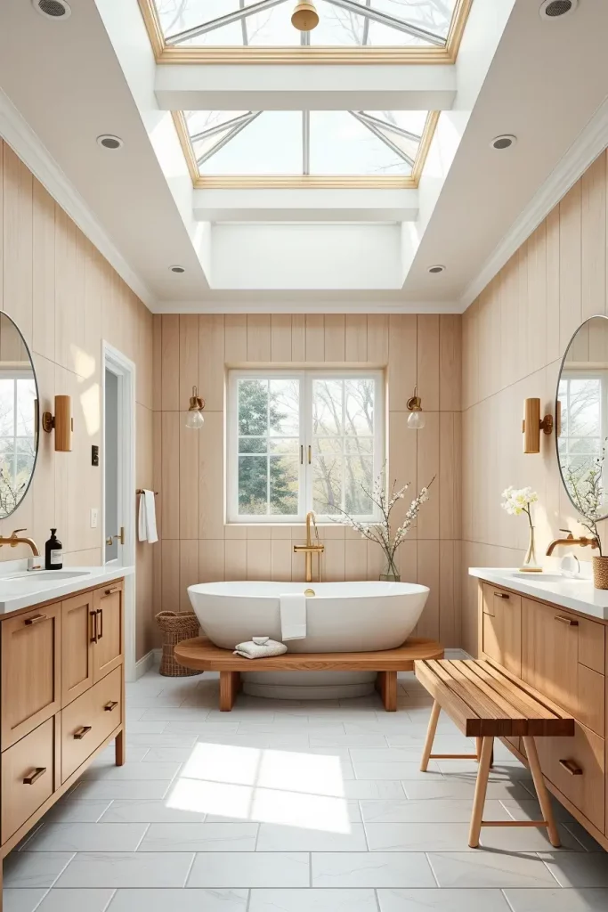 Scandinavian style bathroom with skylight