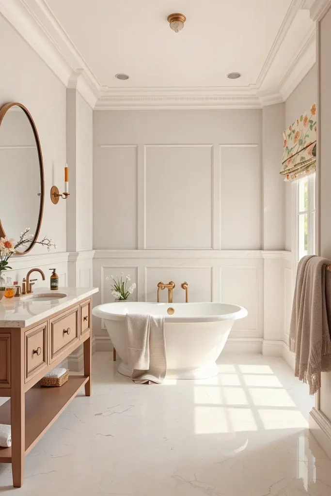 Bathroom with soft linen and neutral tones