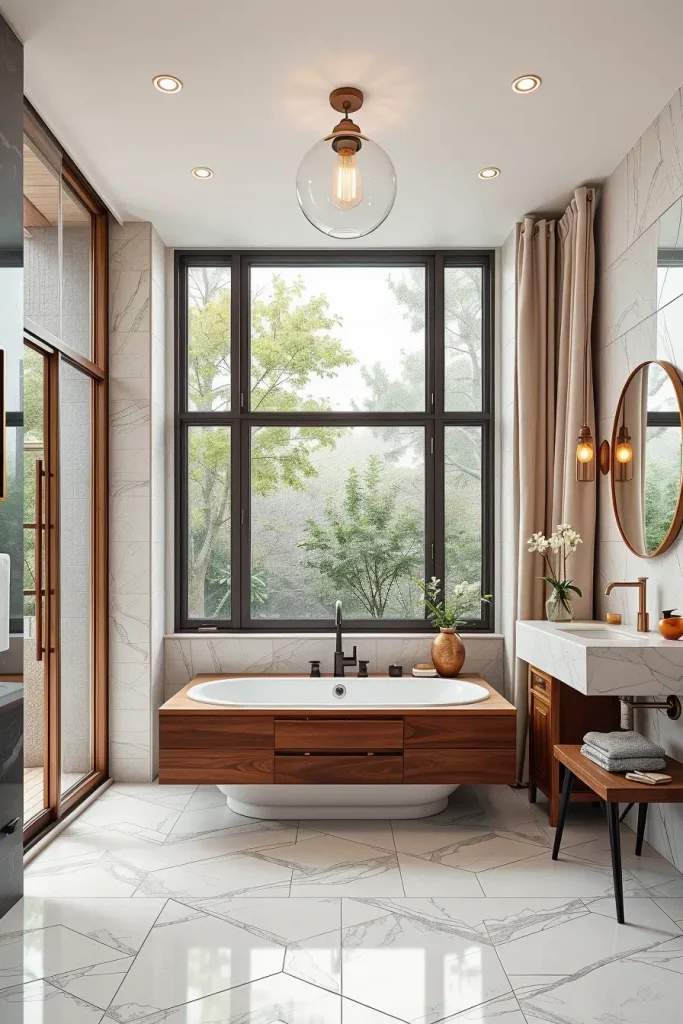 Bathroom with walnut vanity and linen curtains