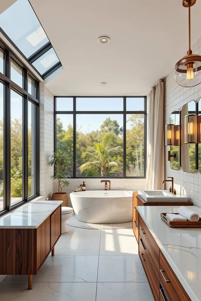 Bathroom with floating vanity and garden view