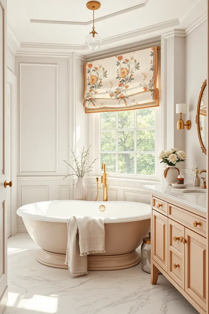 Bathroom with blush quartz vanity and linen curtains