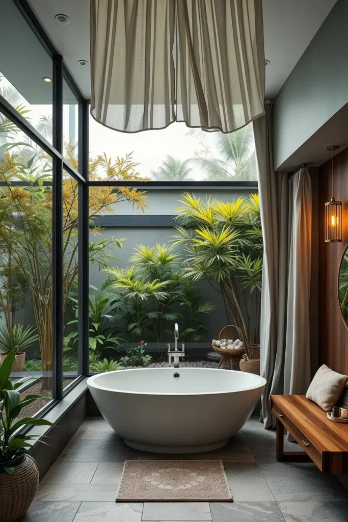 Bathroom with glass walls and garden view