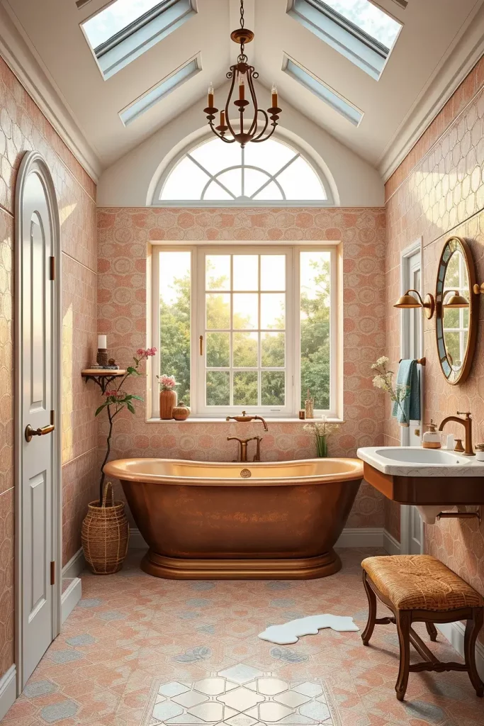 Bathroom with copper tub and bronze fixtures