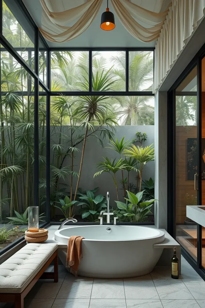 Bathroom with bamboo and fern garden