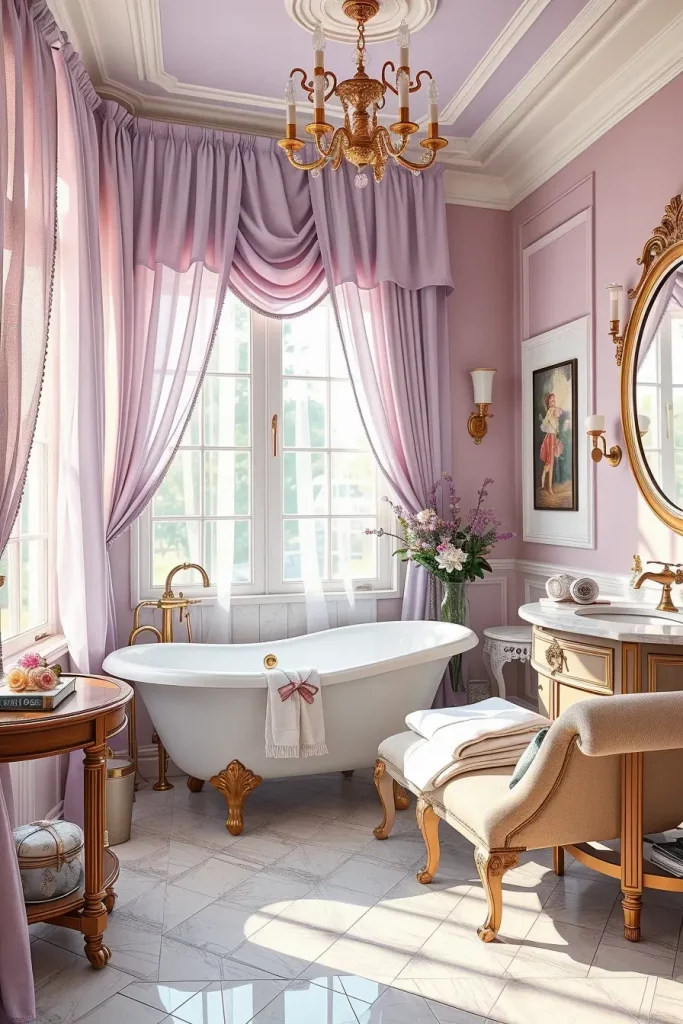 Bathroom with mauve walls and brass fittings