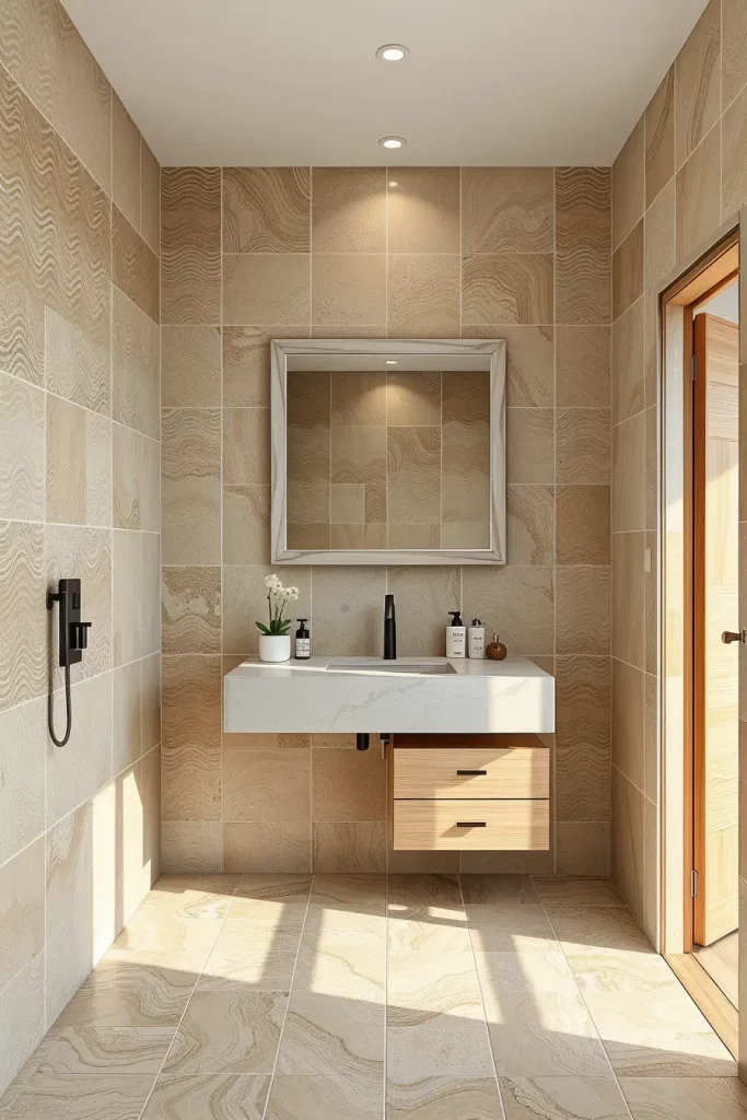 Bathroom with textured sand tiles