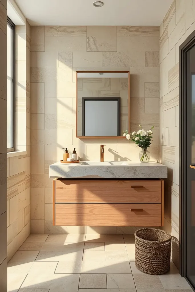 Concrete vanity with limestone mirror