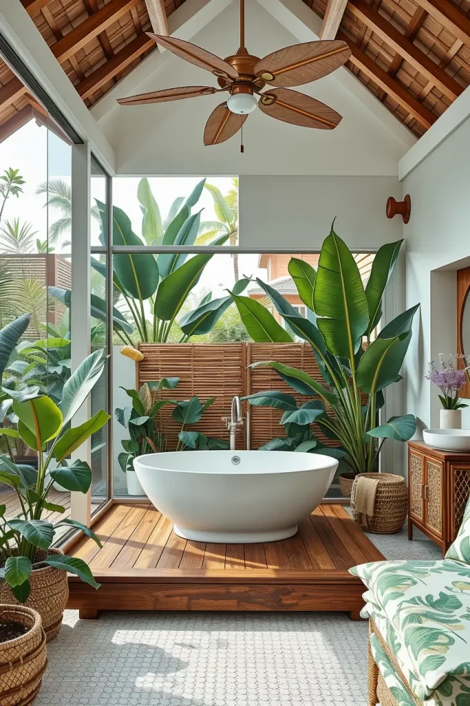 Indoor-outdoor tropical bathroom