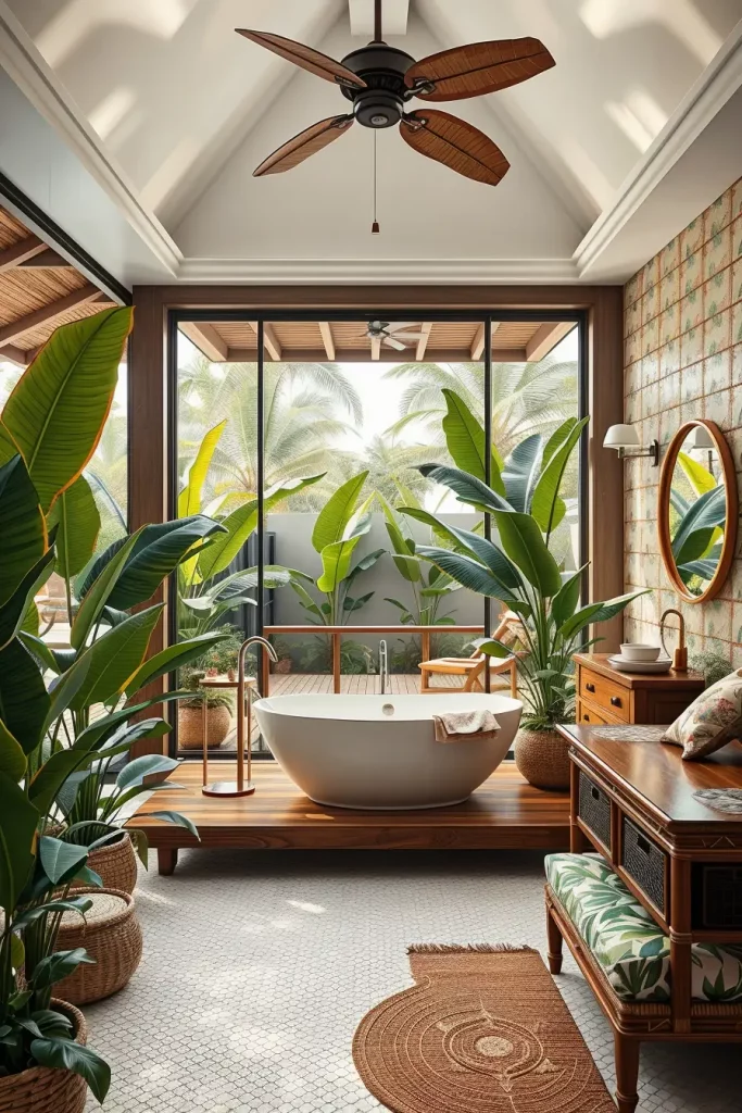 Bathroom with tropical decor and ceiling fan