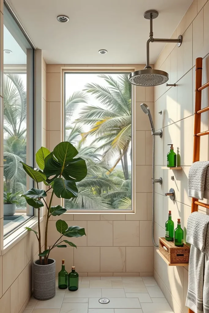 Bathroom with canopy palms and rain shower