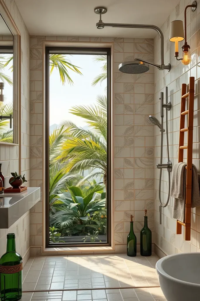 Bathroom with tropical plants and rain shower