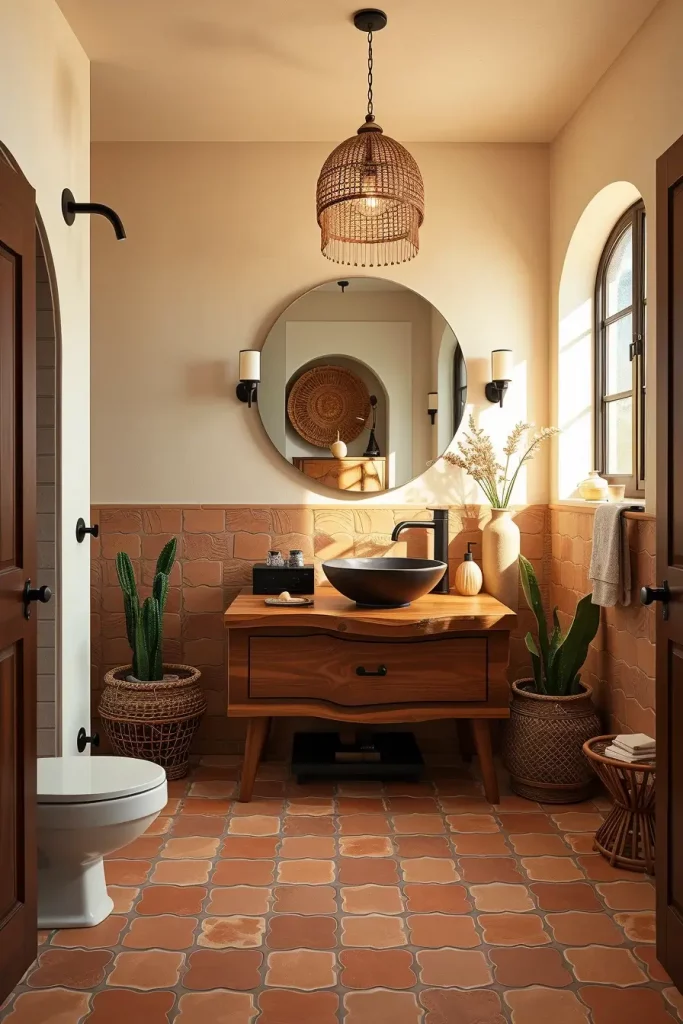 Bathroom with live-edge wood vanity and terracotta
