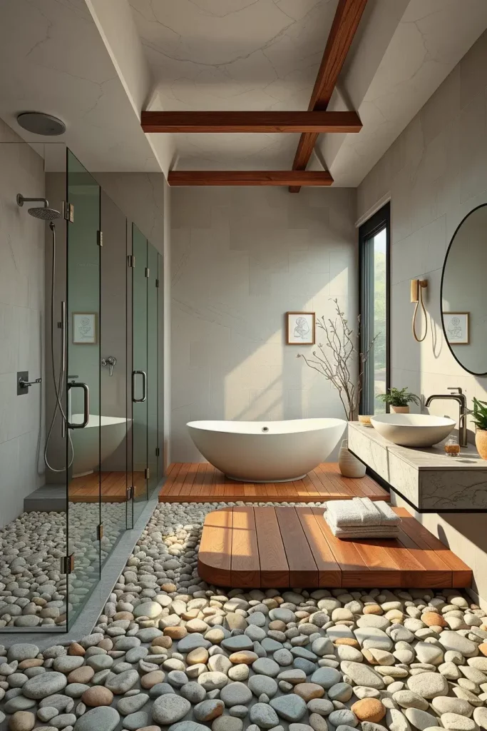 Bathroom with pebble floors