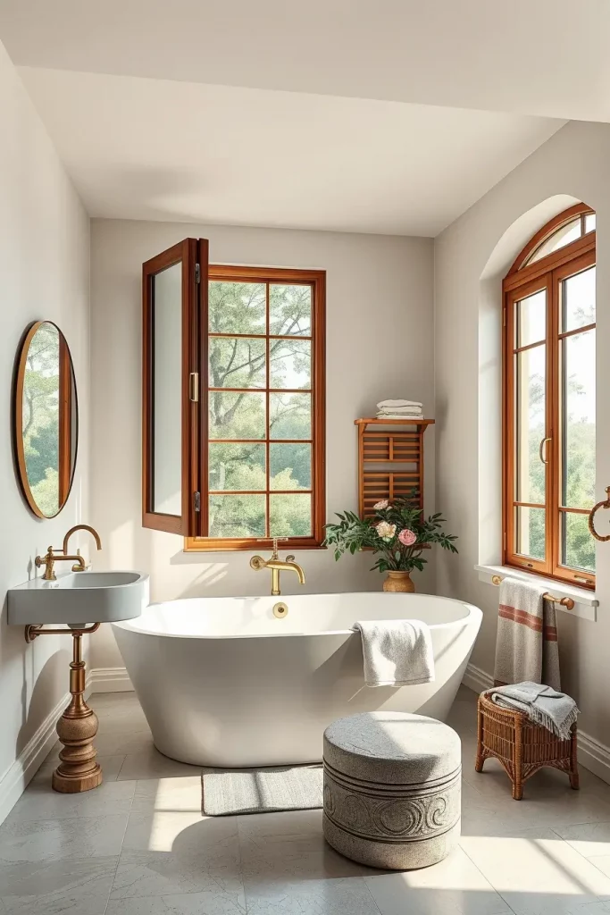 Minimalist bathroom with natural wood