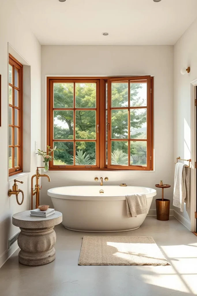 Minimalist bathroom with brass fixtures