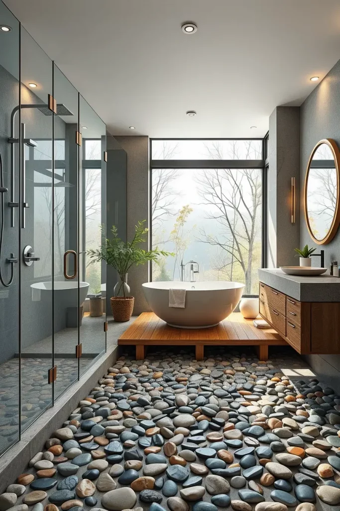 Stone vanity with pebble floors