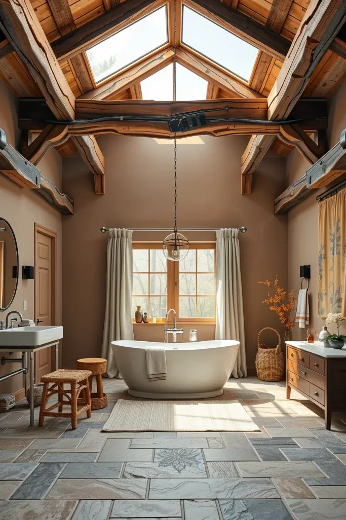 Cozy bathroom with wooden beams
